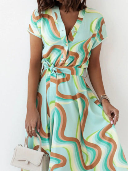 Printed Button Front Midi Dress with Belt - adritiX