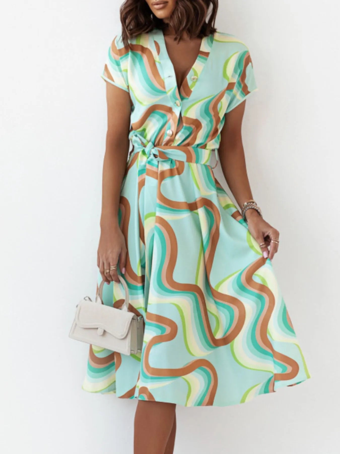 Printed Button Front Midi Dress with Belt - adritiX