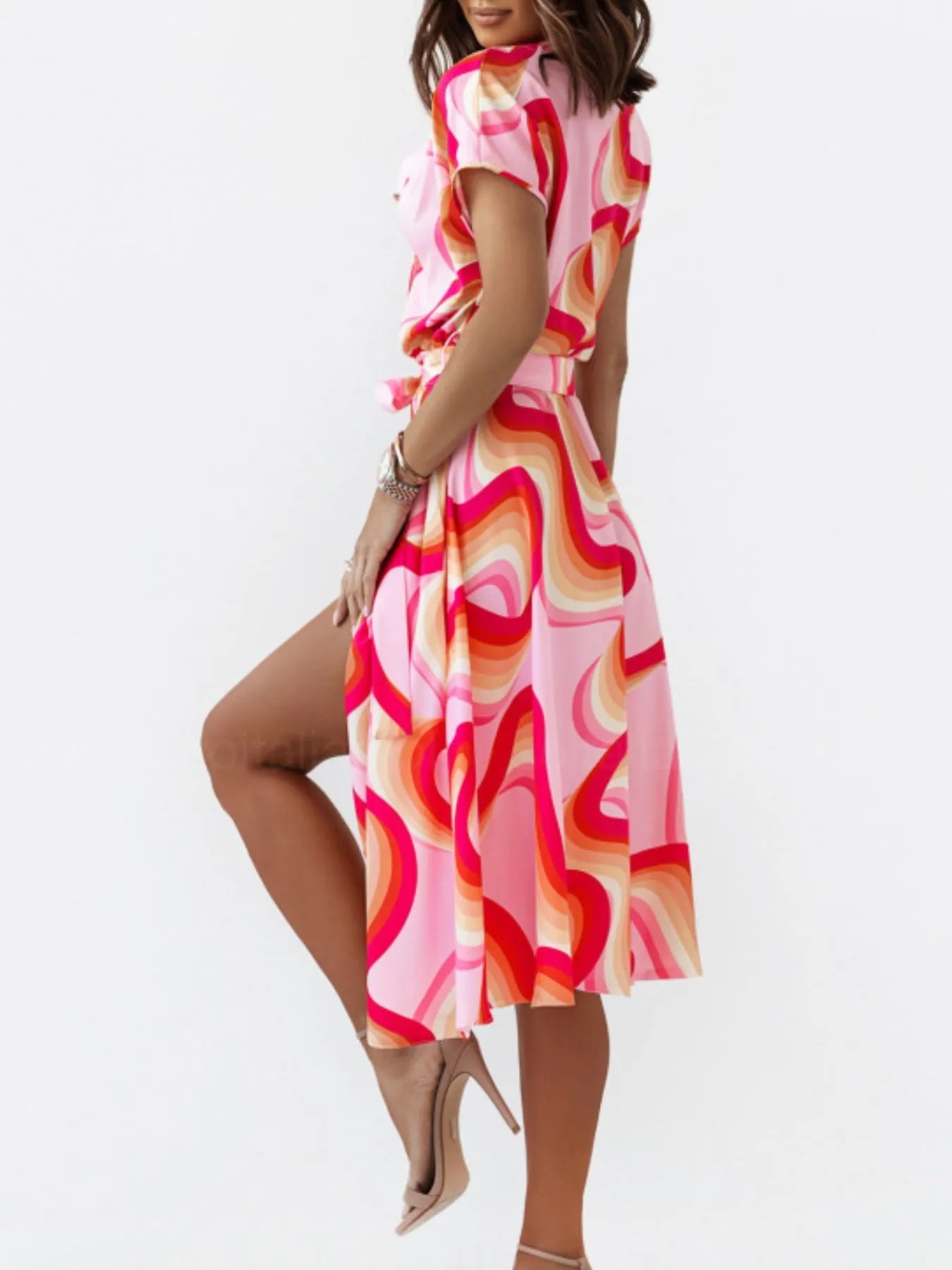 Printed Button Front Midi Dress with Belt - adritiX