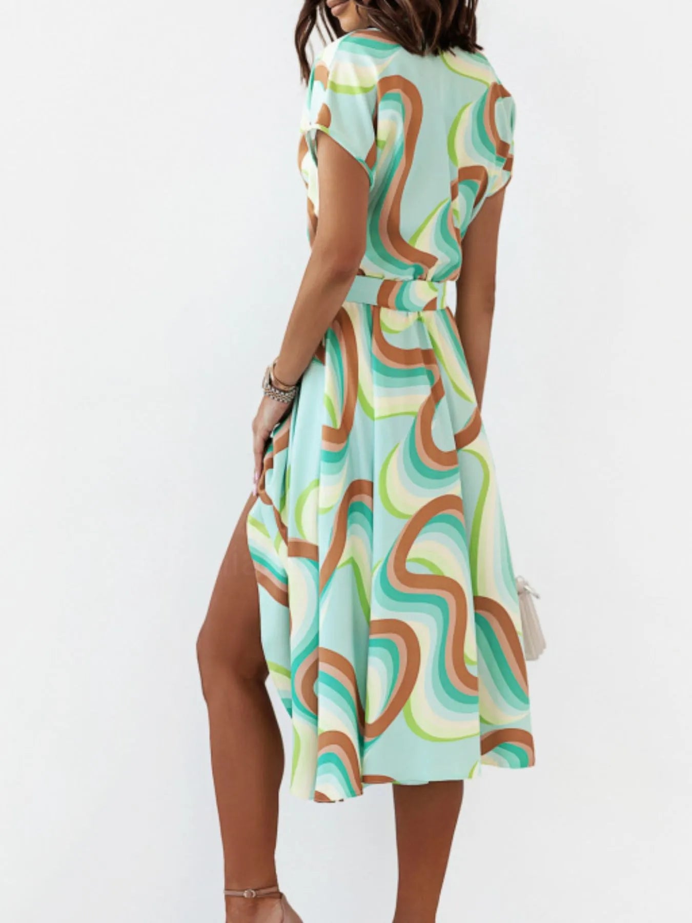 Printed Button Front Midi Dress with Belt - adritiX