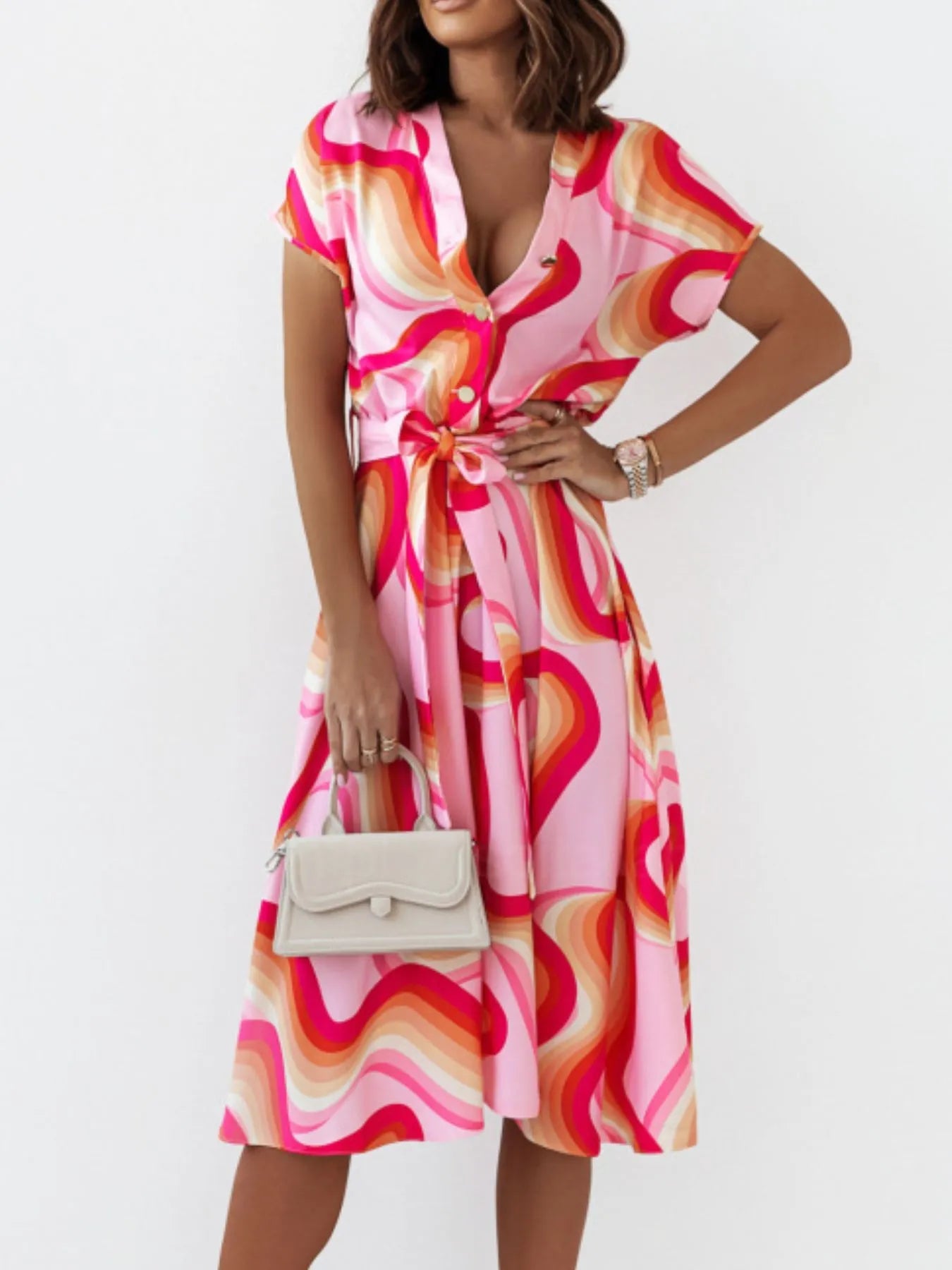 Printed Button Front Midi Dress with Belt - adritiX