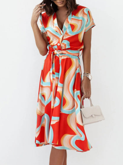 Printed Button Front Midi Dress with Belt - adritiX