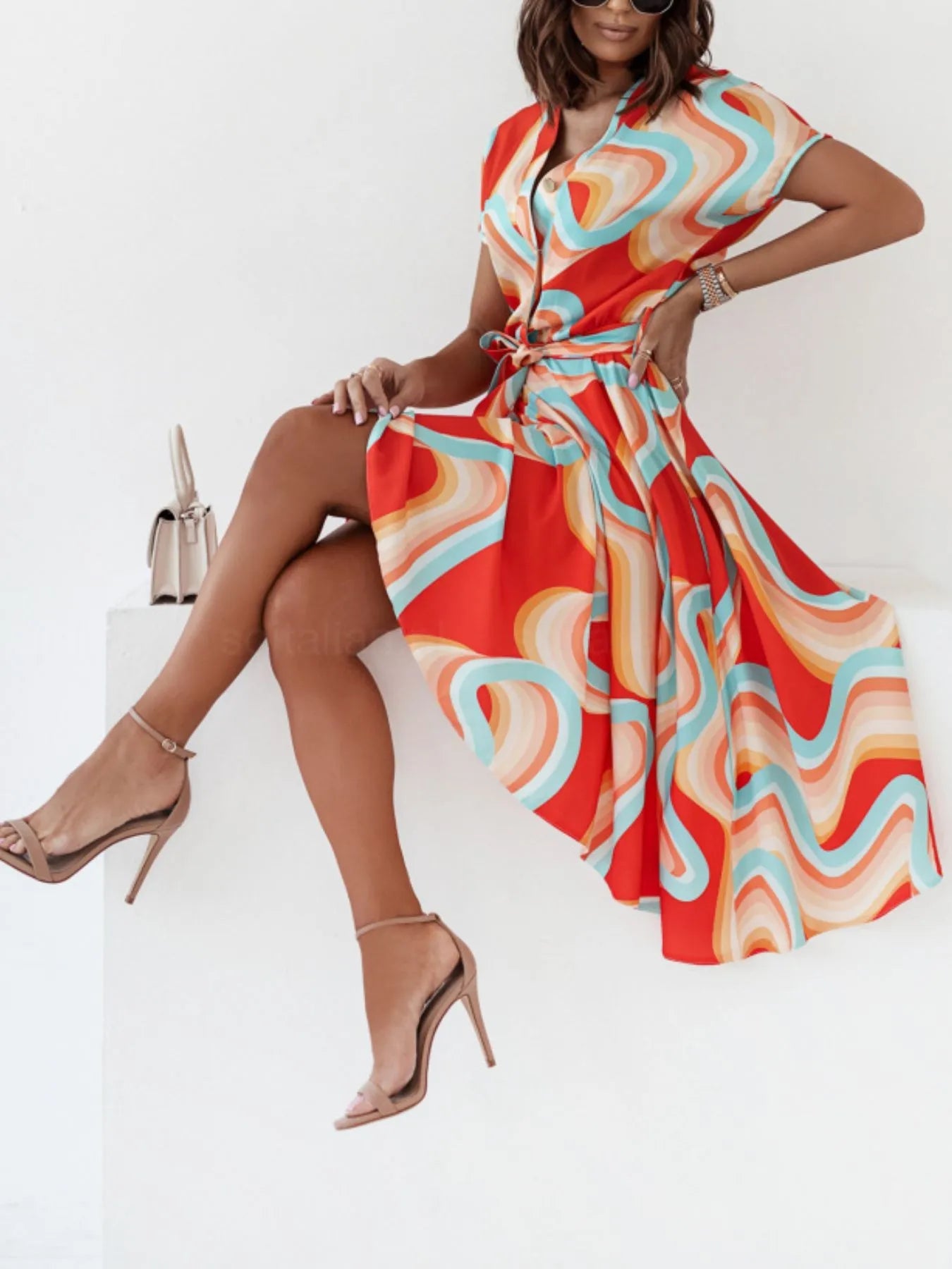 Printed Button Front Midi Dress with Belt - adritiX