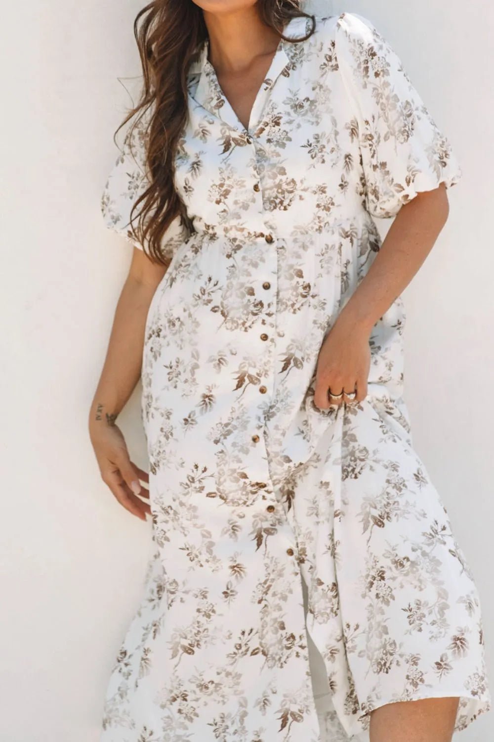 Printed Button Front Puff Sleeve Dress - adritiX