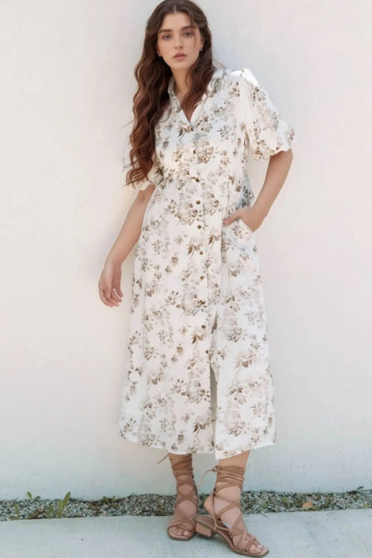 Printed Button Front Puff Sleeve Dress - adritiX