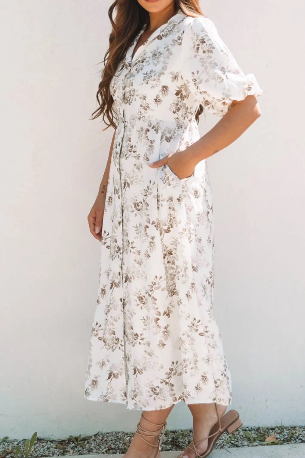 Printed Button Front Puff Sleeve Dress - adritiX