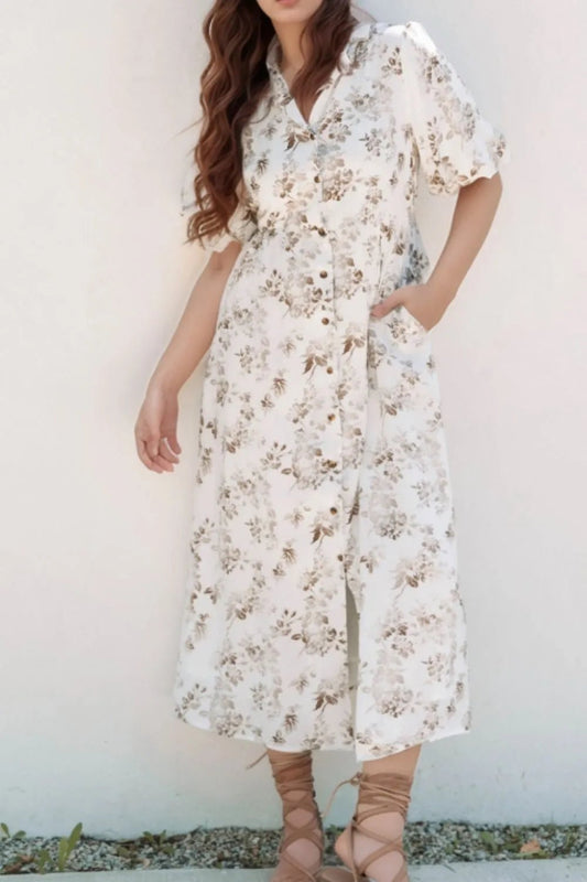 Printed Button Front Puff Sleeve Dress - adritiX