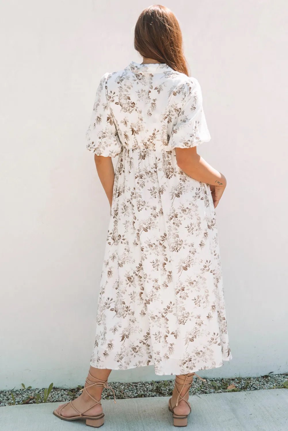 Printed Button Front Puff Sleeve Dress - adritiX
