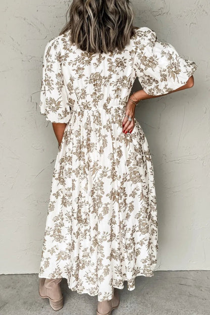 Printed Button Front Puff Sleeve Dress - adritiX