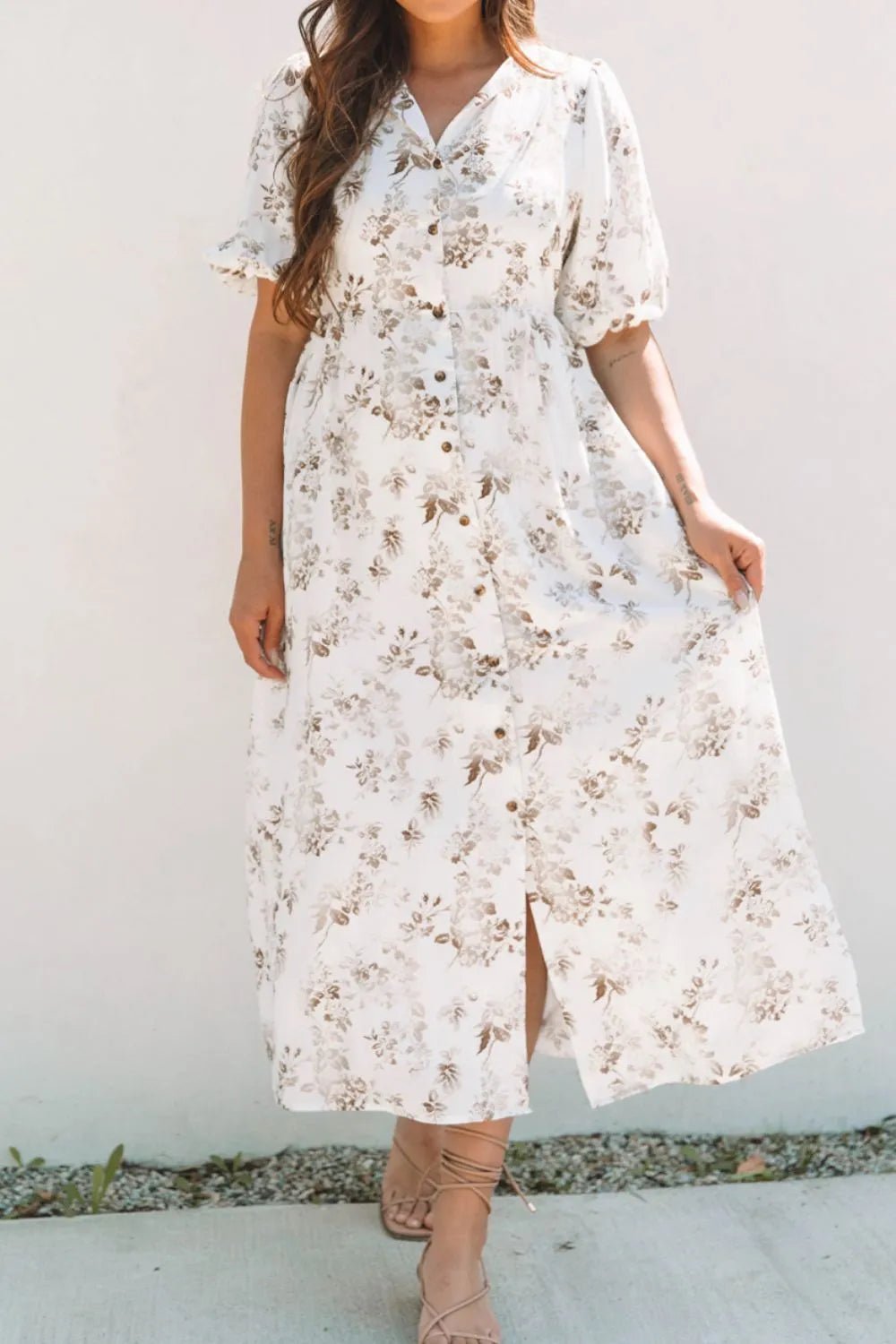 Printed Button Front Puff Sleeve Dress - adritiX