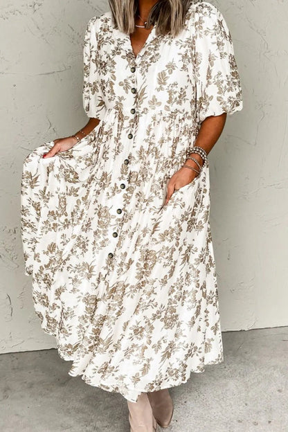 Printed Button Front Puff Sleeve Dress - adritiX