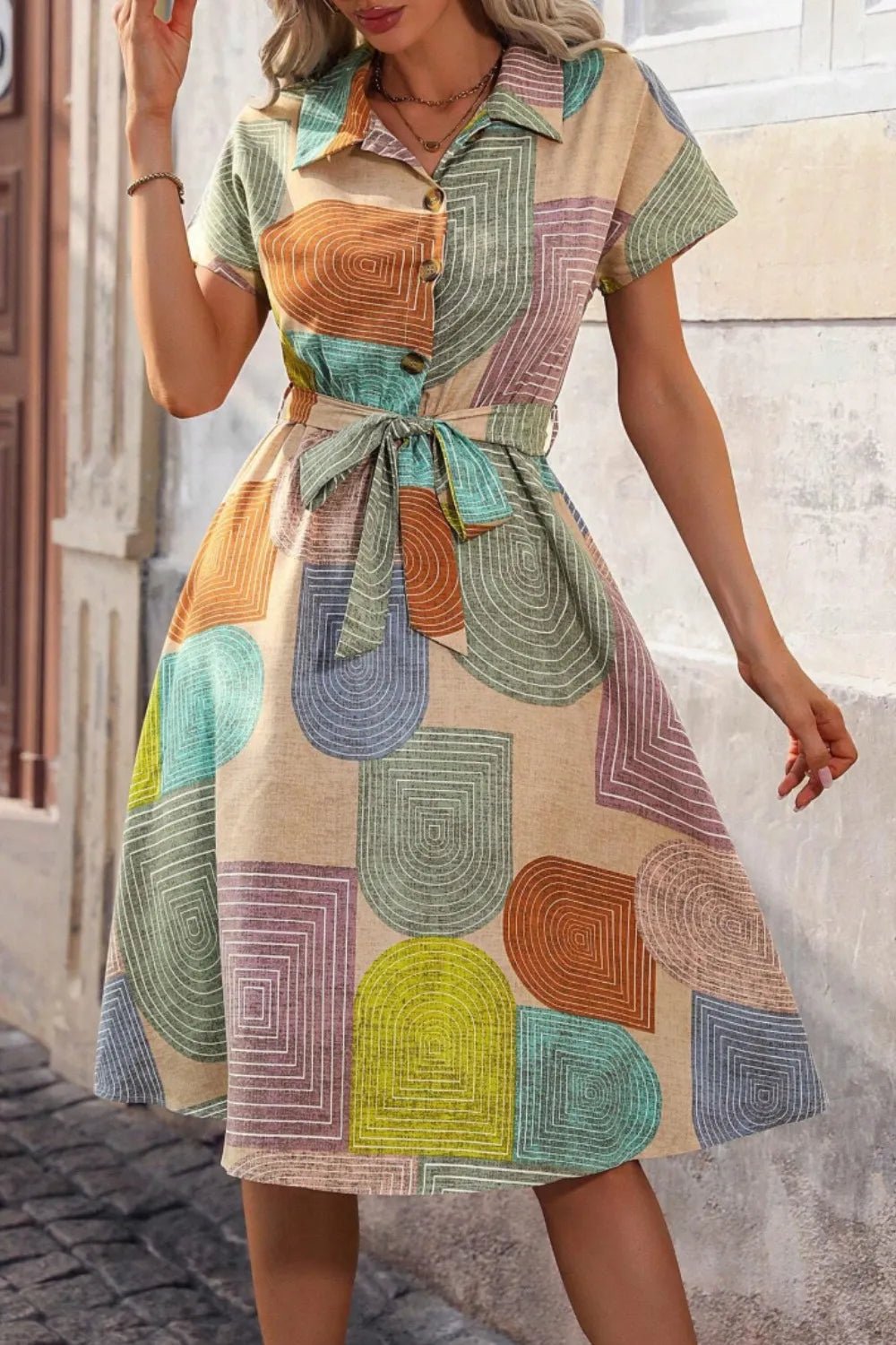 Printed Collared Neck Tie Waist Dress - adritiX