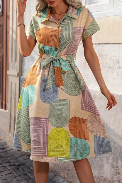 Printed Collared Neck Tie Waist Dress - adritiX