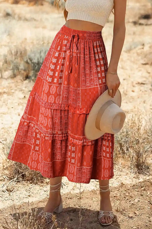 Printed Drawstring Midi Skirt - adritiX