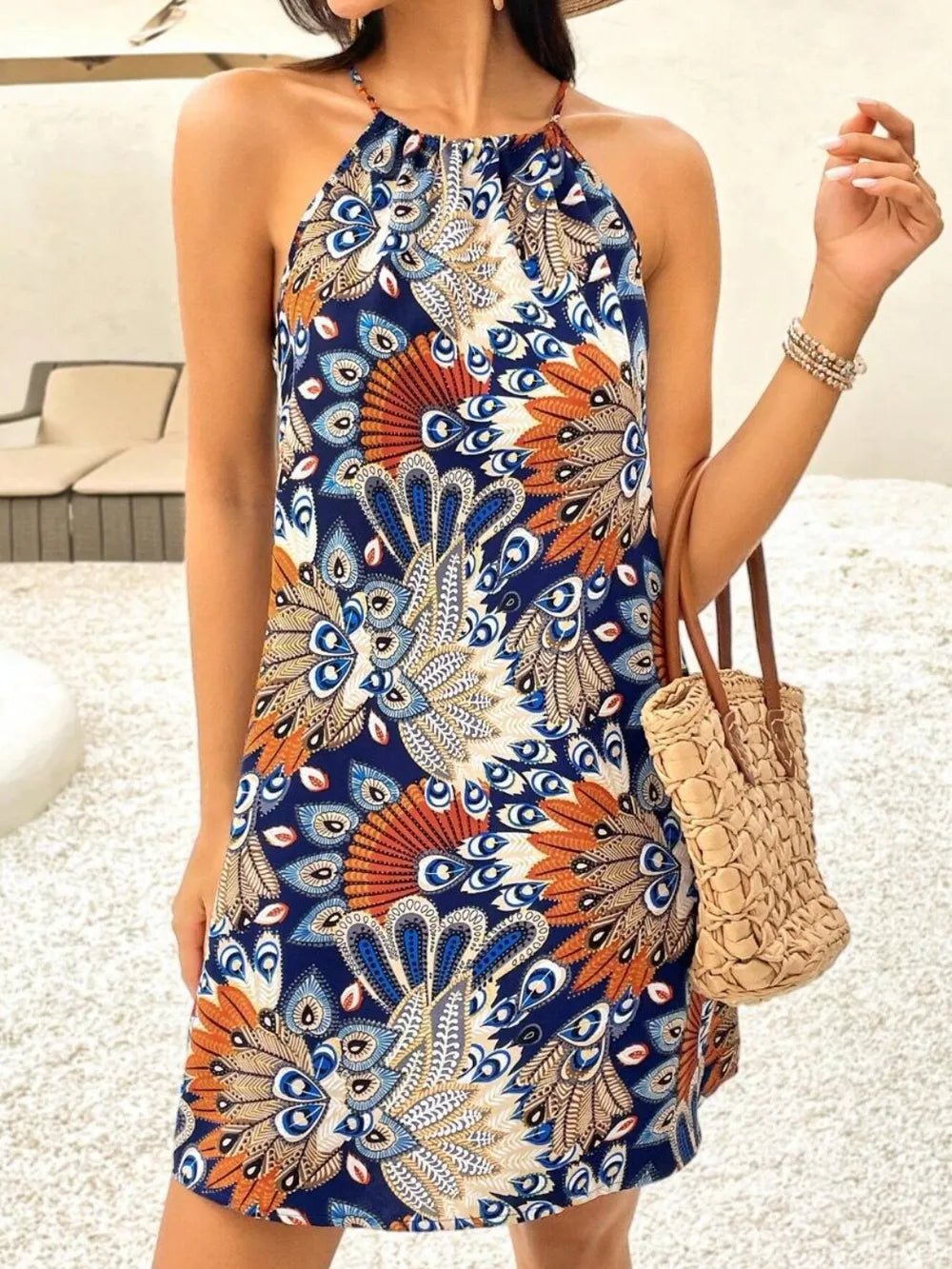 Printed Grecian Neck Mini Dress - adritiX