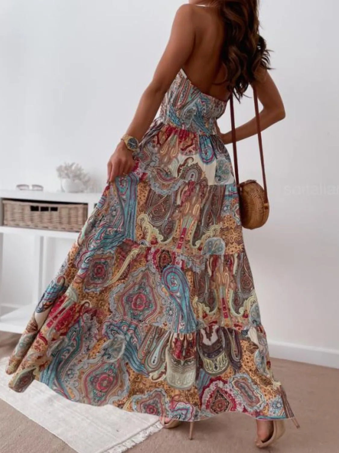 Printed Halter Neck Maxi Dress - adritiX
