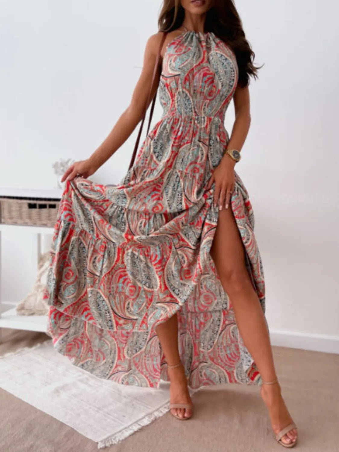 Printed Halter Neck Maxi Dress - adritiX