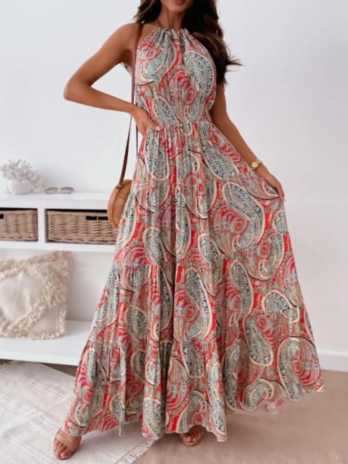 Printed Halter Neck Maxi Dress - adritiX