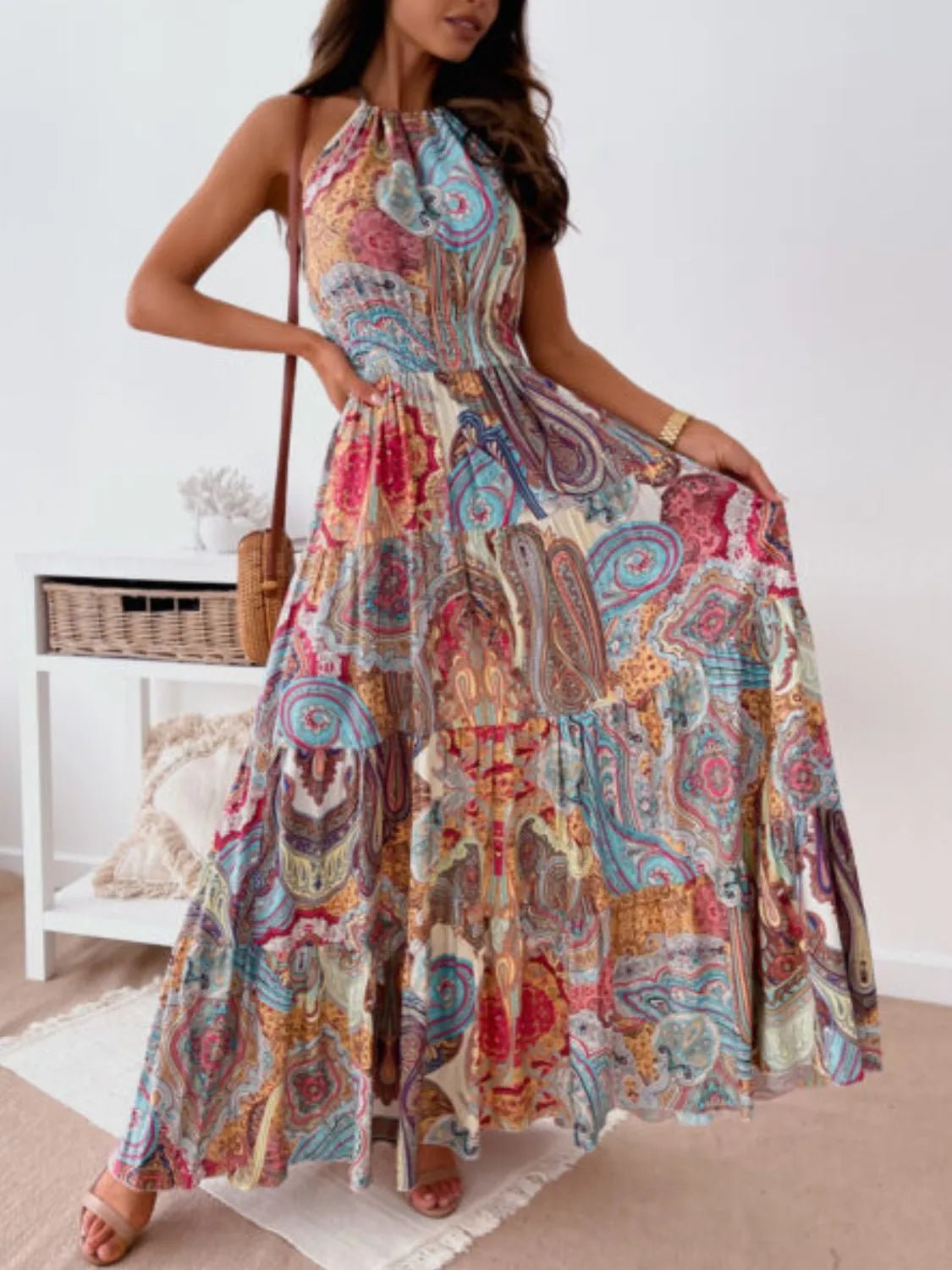 Printed Halter Neck Maxi Dress - adritiX