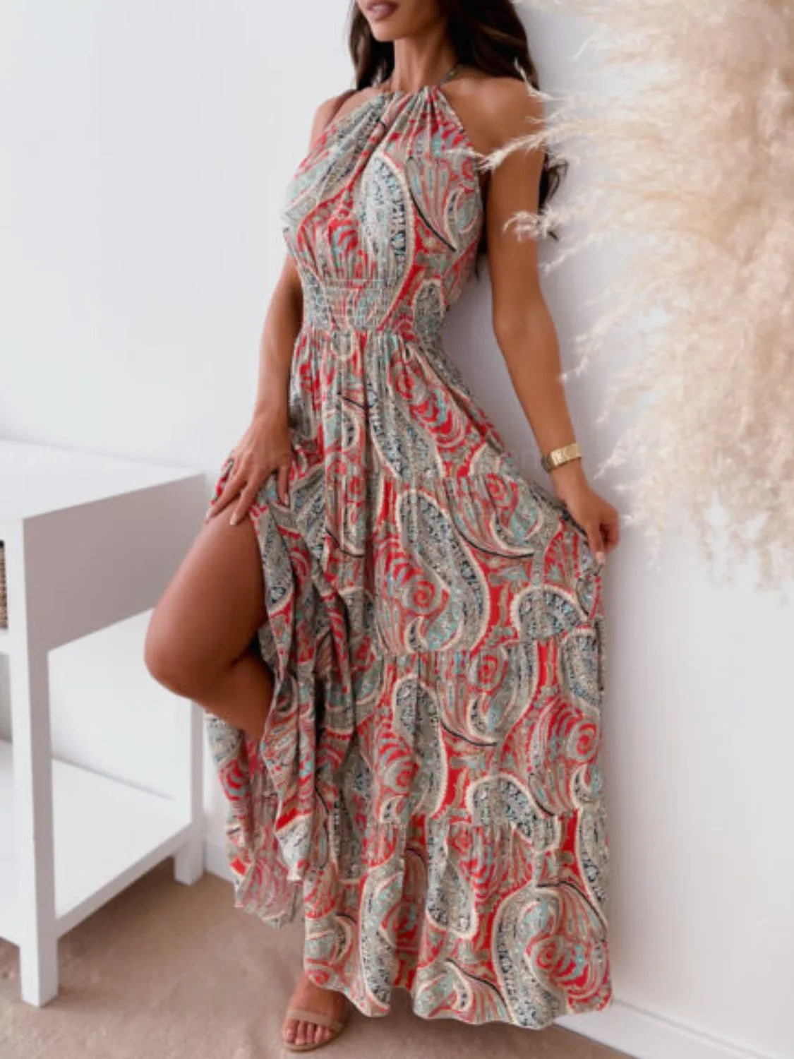 Printed Halter Neck Maxi Dress - adritiX