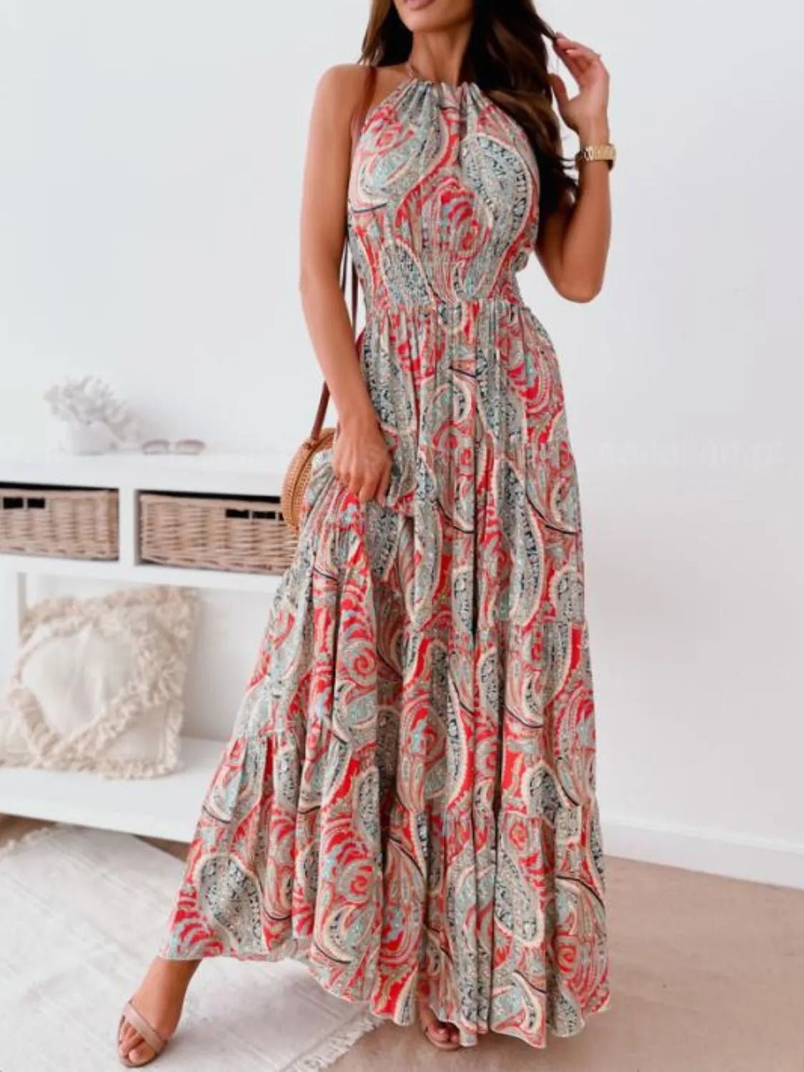 Printed Halter Neck Maxi Dress - adritiX