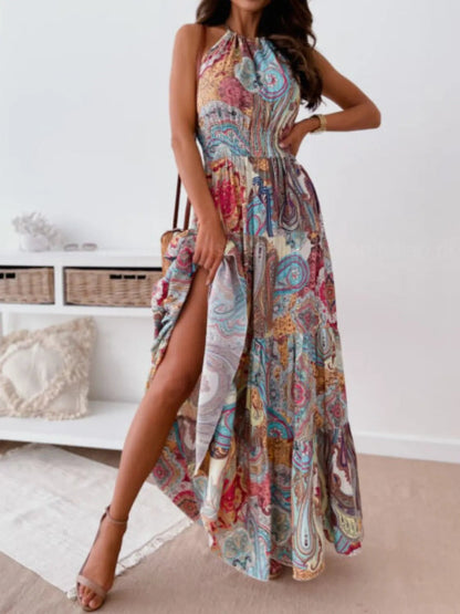 Printed Halter Neck Maxi Dress - adritiX
