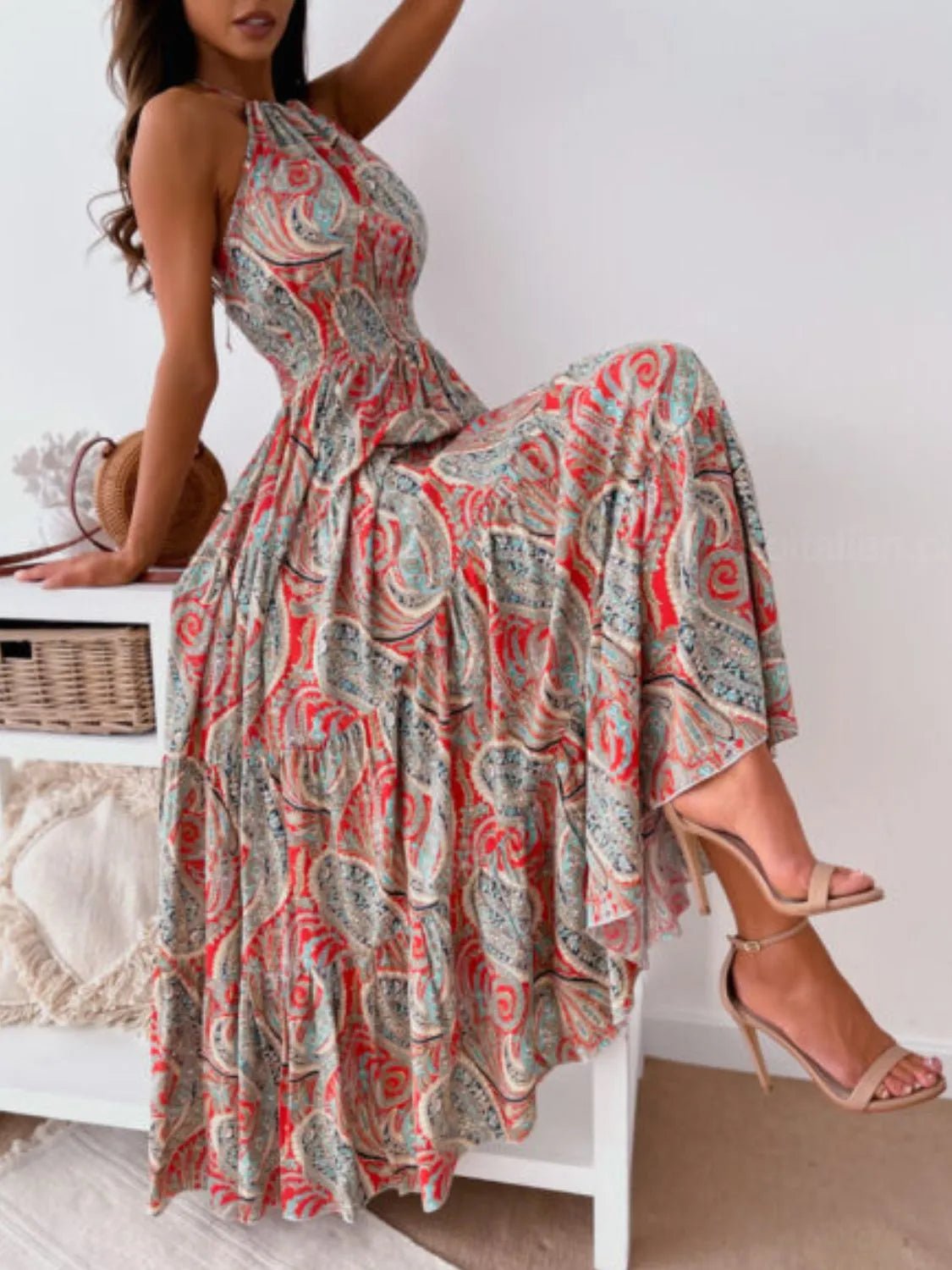 Printed Halter Neck Maxi Dress - adritiX