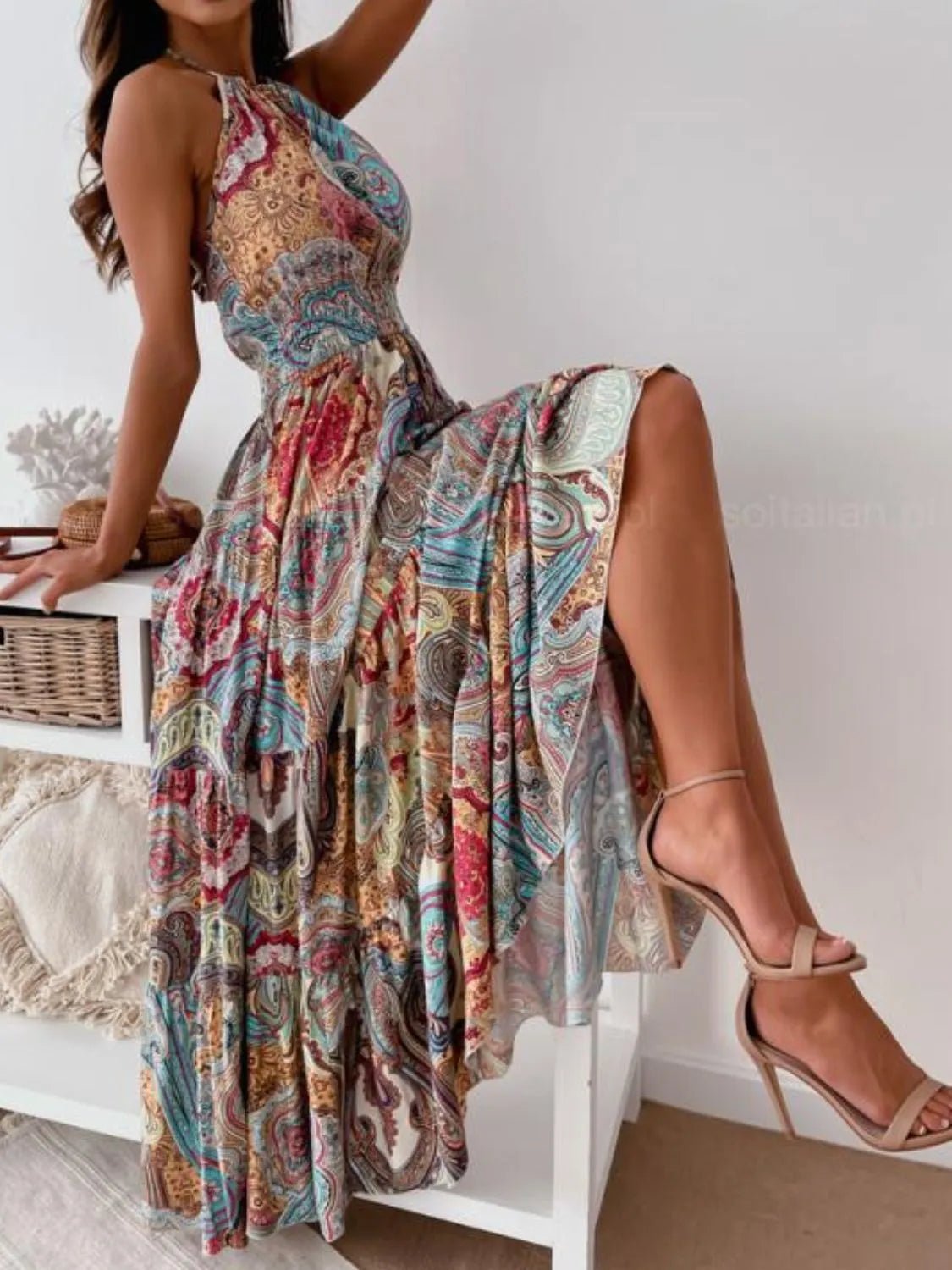 Printed Halter Neck Maxi Dress - adritiX