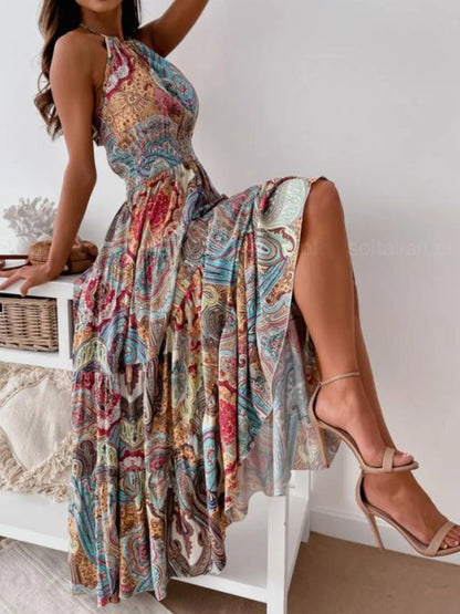 Printed Halter Neck Maxi Dress - adritiX