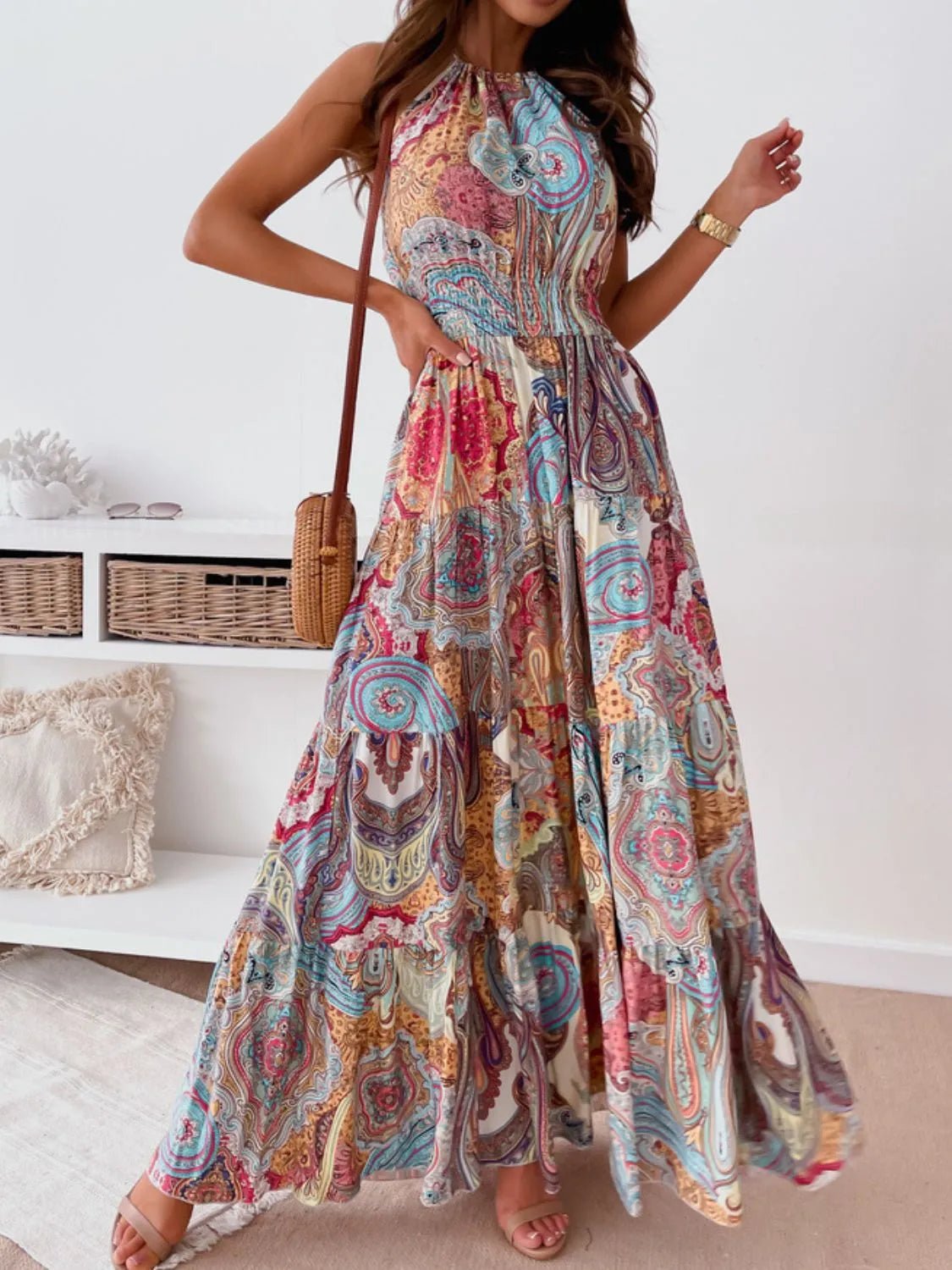Printed Halter Neck Maxi Dress - adritiX