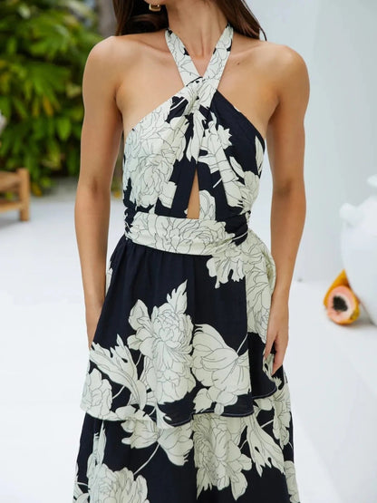 Printed Halter Neck Tiered Maxi Dress - adritiX