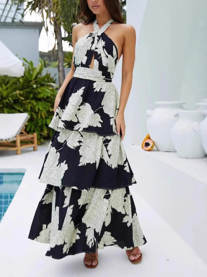 Printed Halter Neck Tiered Maxi Dress - adritiX