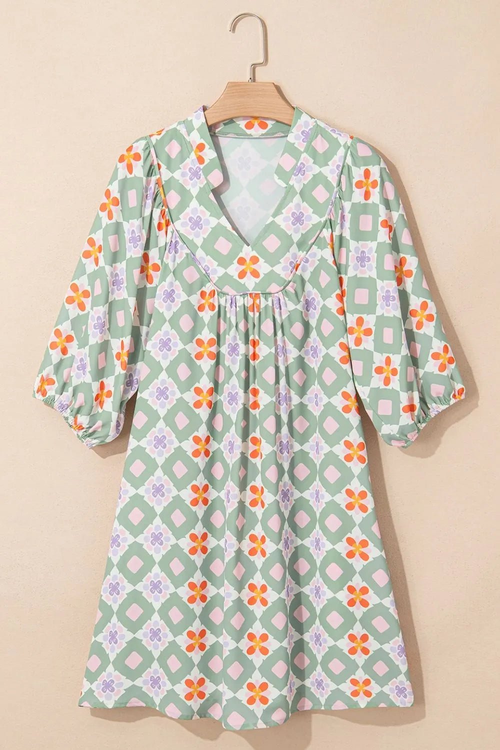 Printed Notched 3/4 Balloon Sleeves Loose Dress - adritiX