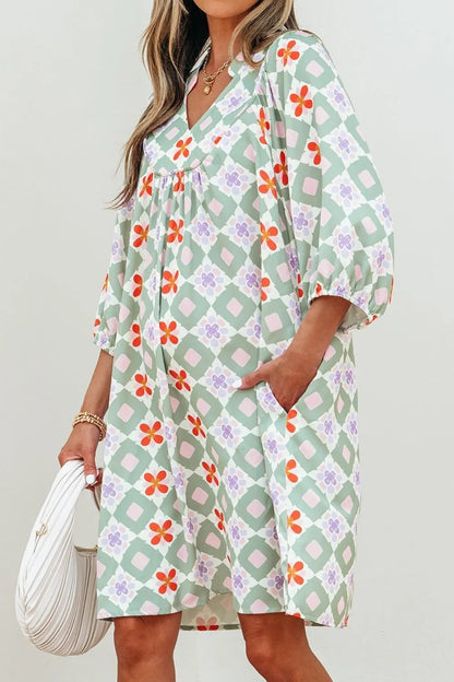 Printed Notched 3/4 Balloon Sleeves Loose Dress - adritiX