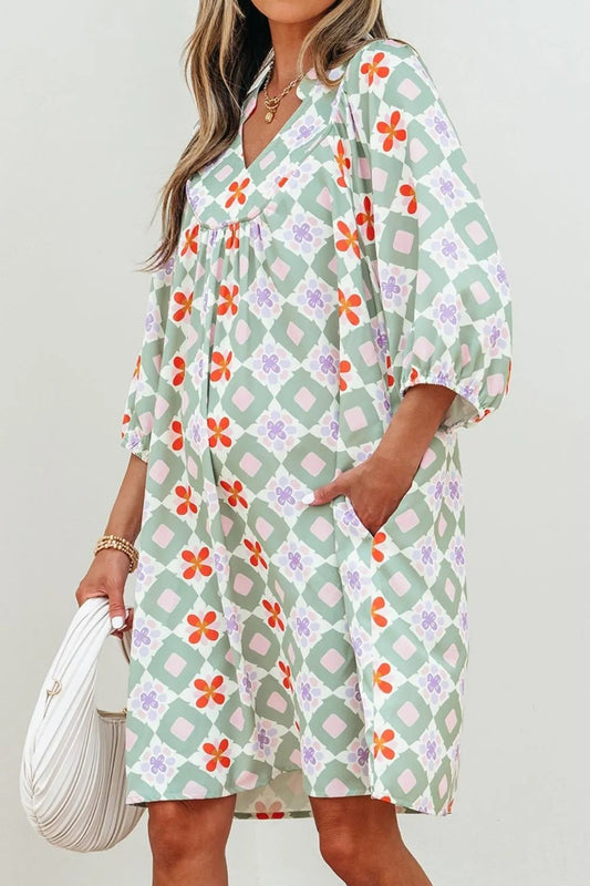 Printed Notched 3/4 Balloon Sleeves Loose Dress - adritiX