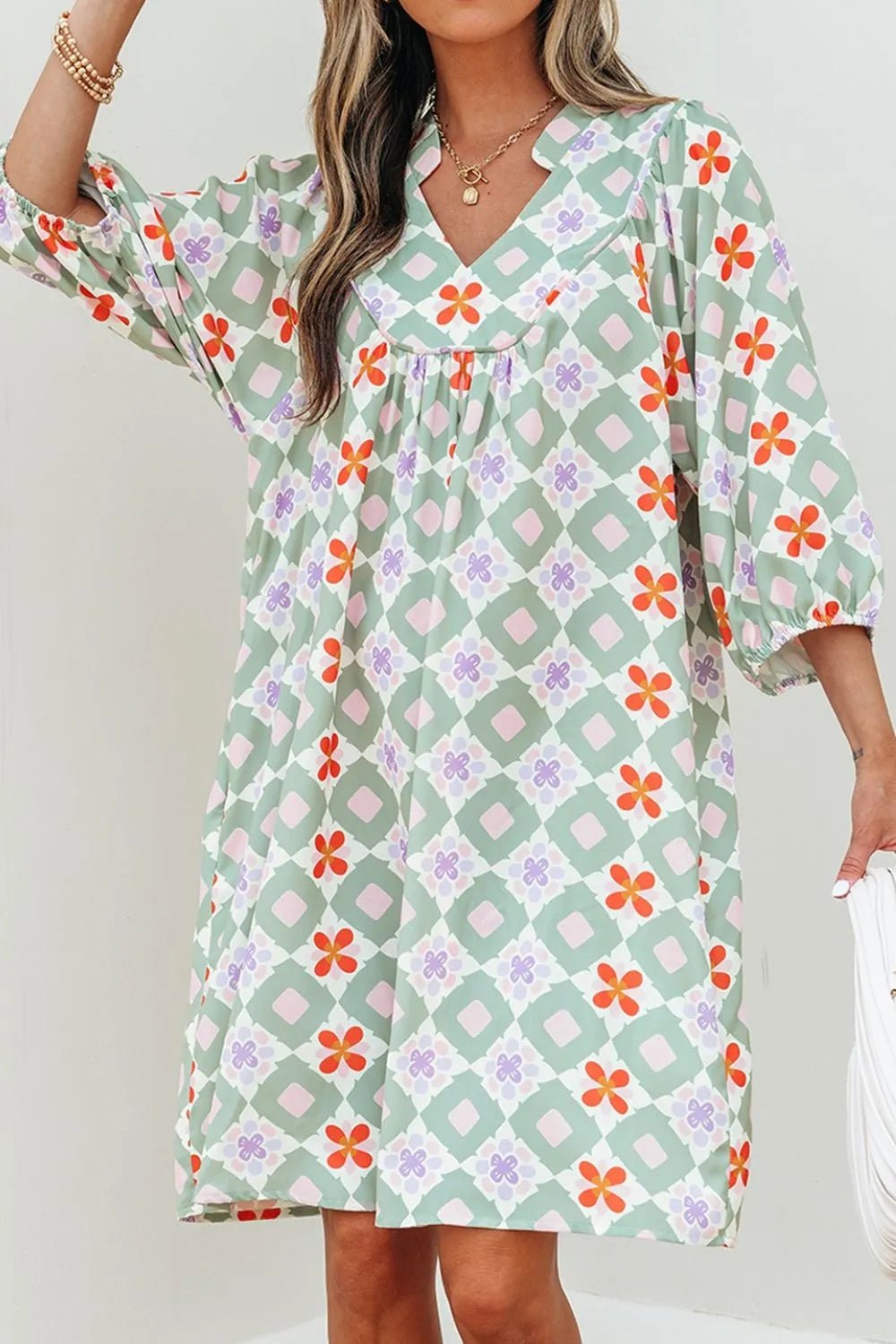 Printed Notched 3/4 Balloon Sleeves Loose Dress - adritiX