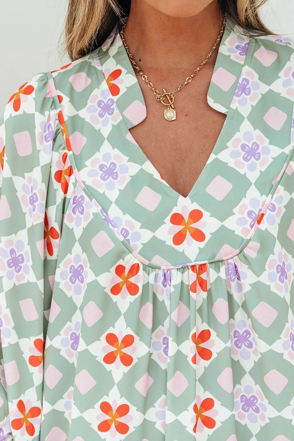 Printed Notched 3/4 Balloon Sleeves Loose Dress - adritiX