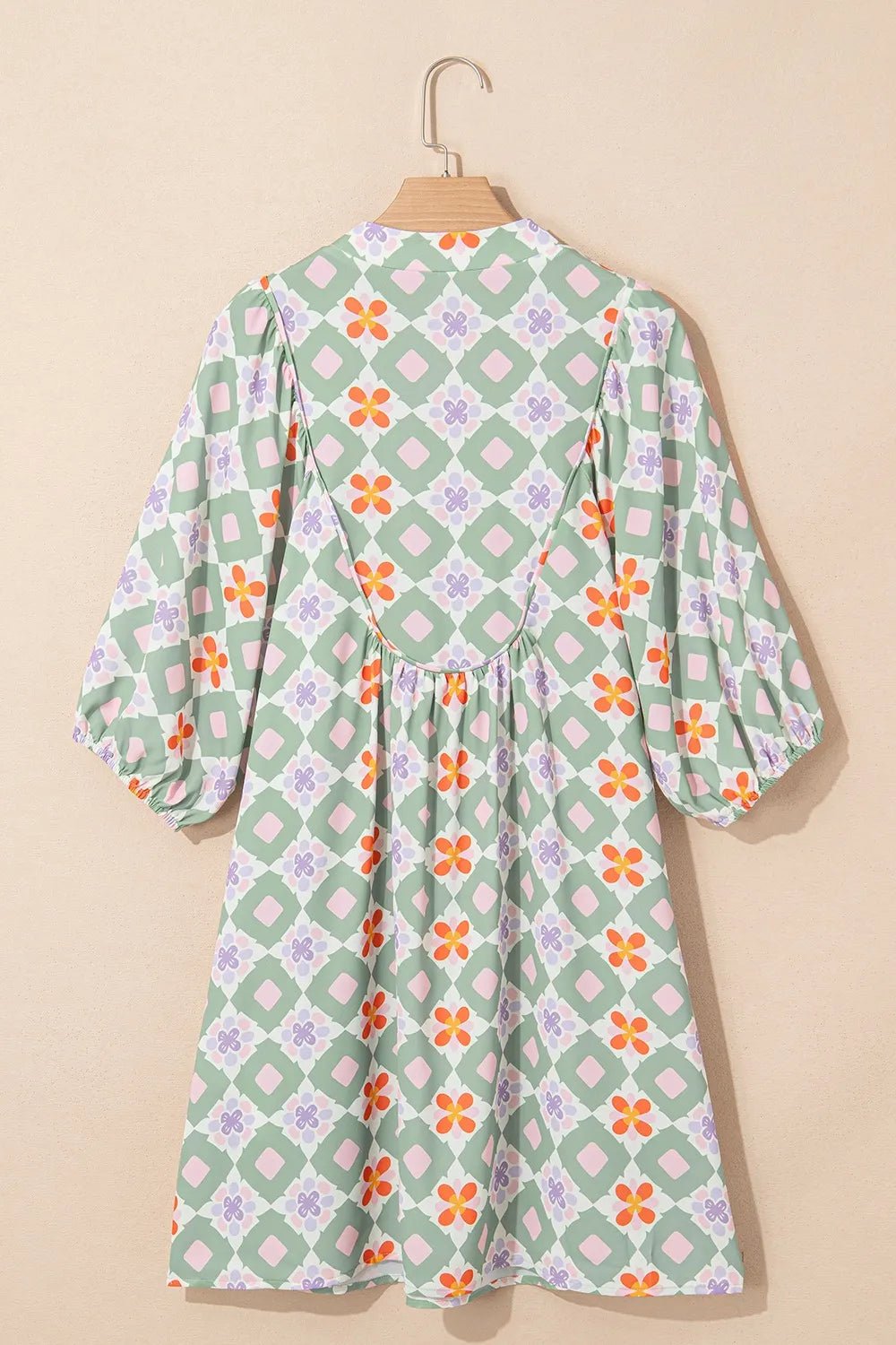 Printed Notched 3/4 Balloon Sleeves Loose Dress - adritiX