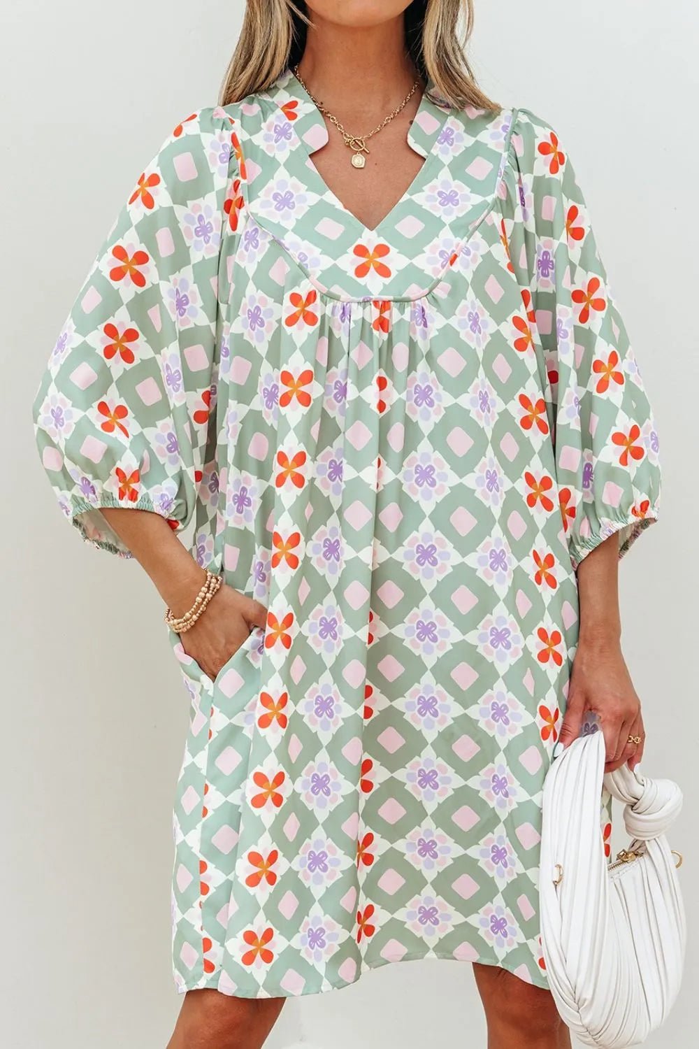 Printed Notched 3/4 Balloon Sleeves Loose Dress - adritiX
