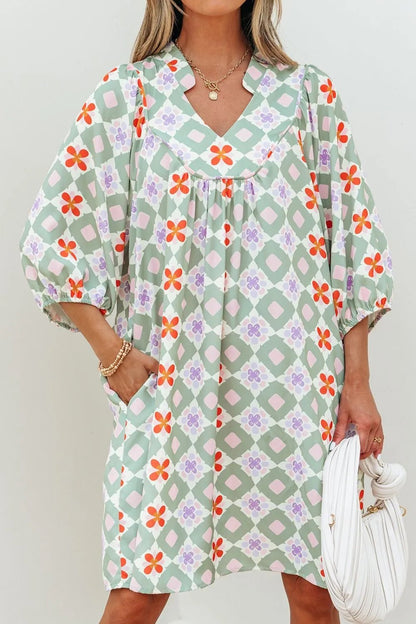 Printed Notched 3/4 Balloon Sleeves Loose Dress - adritiX