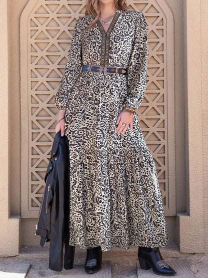 Printed Notched Long Sleeve Maxi Dress - adritiX