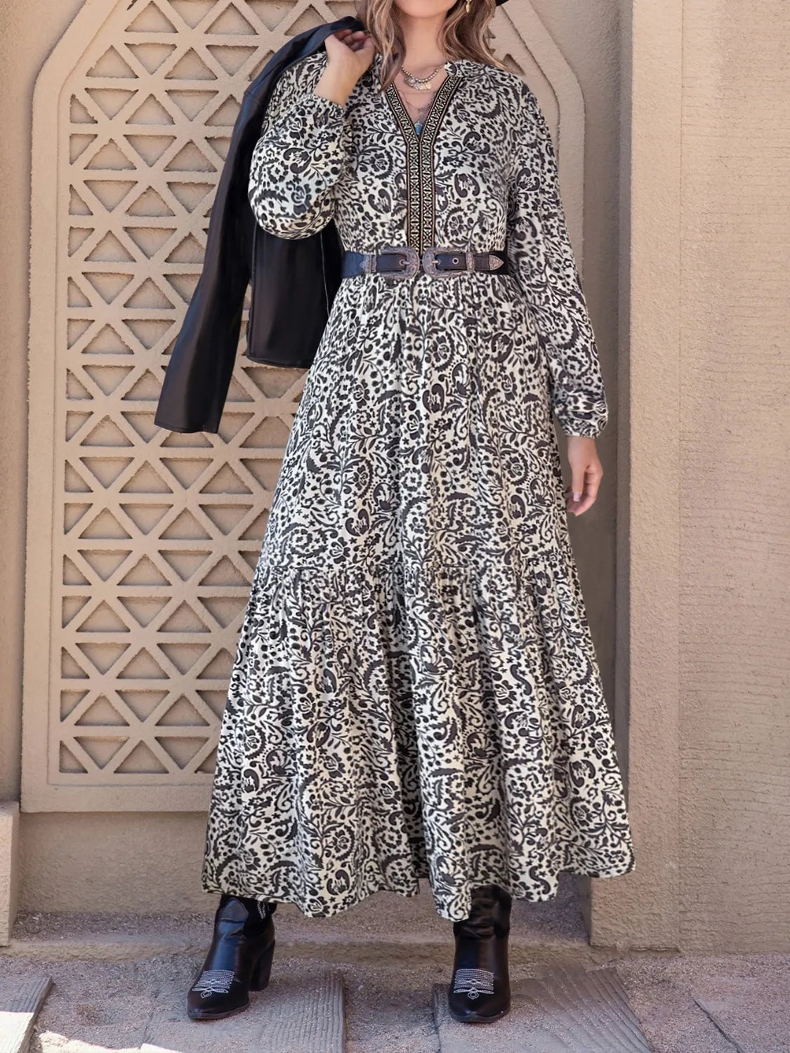 Printed Notched Long Sleeve Maxi Dress - adritiX