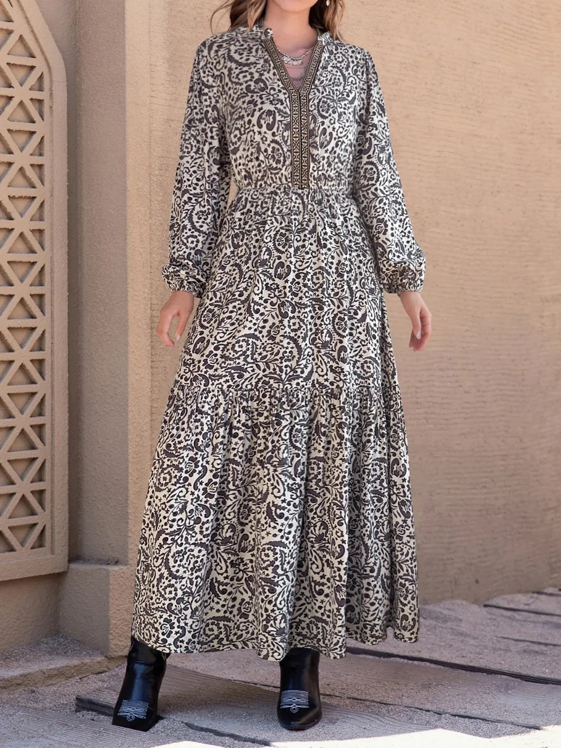 Printed Notched Long Sleeve Maxi Dress - adritiX