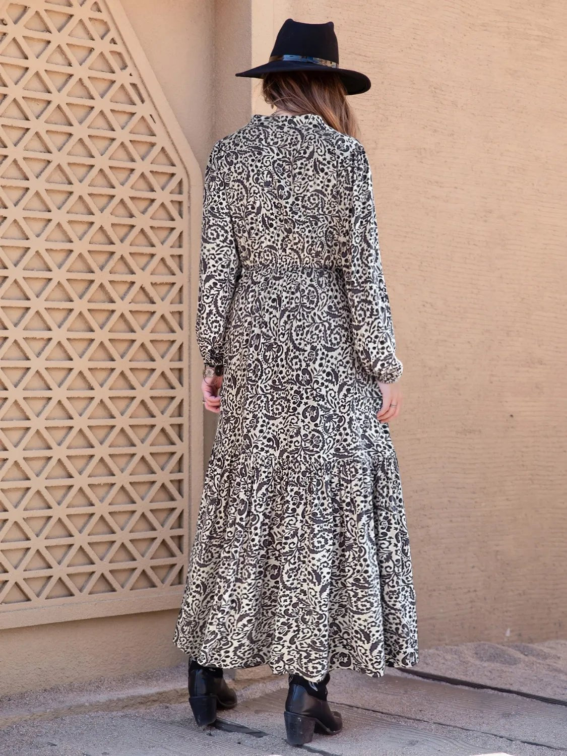 Printed Notched Long Sleeve Maxi Dress - adritiX