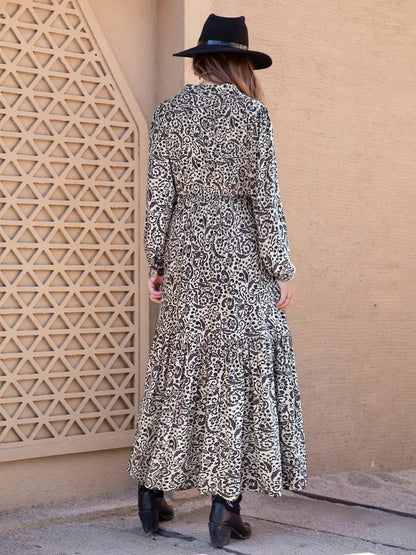 Printed Notched Long Sleeve Maxi Dress - adritiX