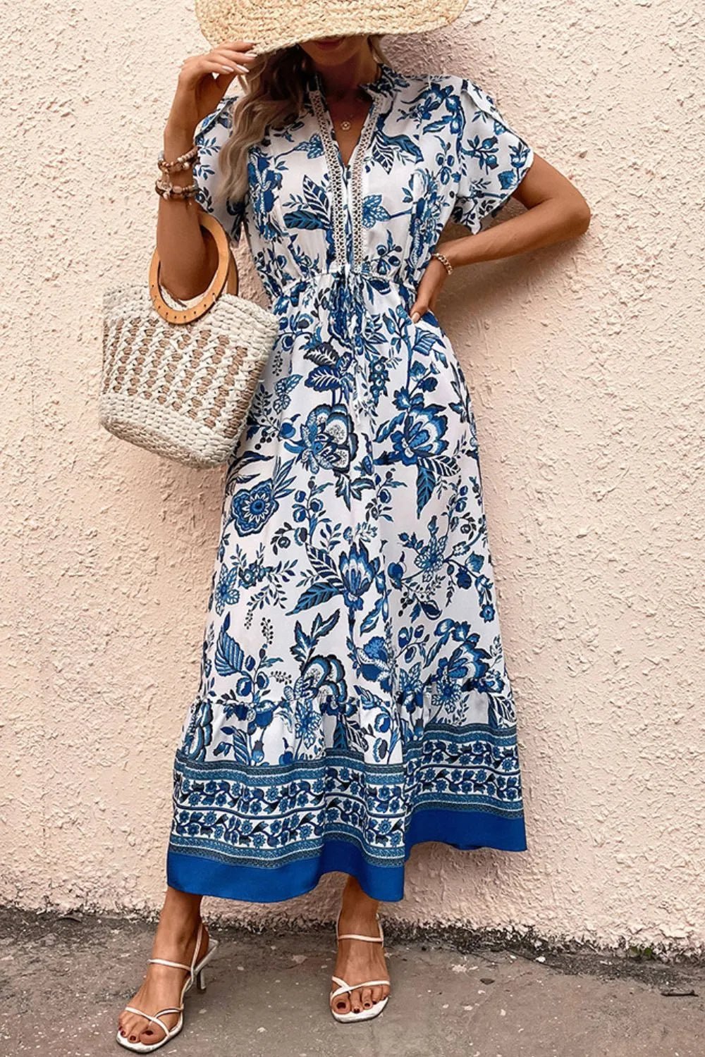 Printed Notched Short Sleeve Dress - adritiX