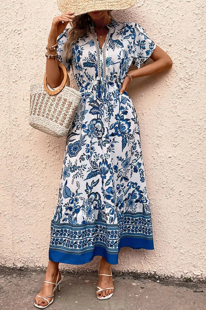 Printed Notched Short Sleeve Dress - adritiX