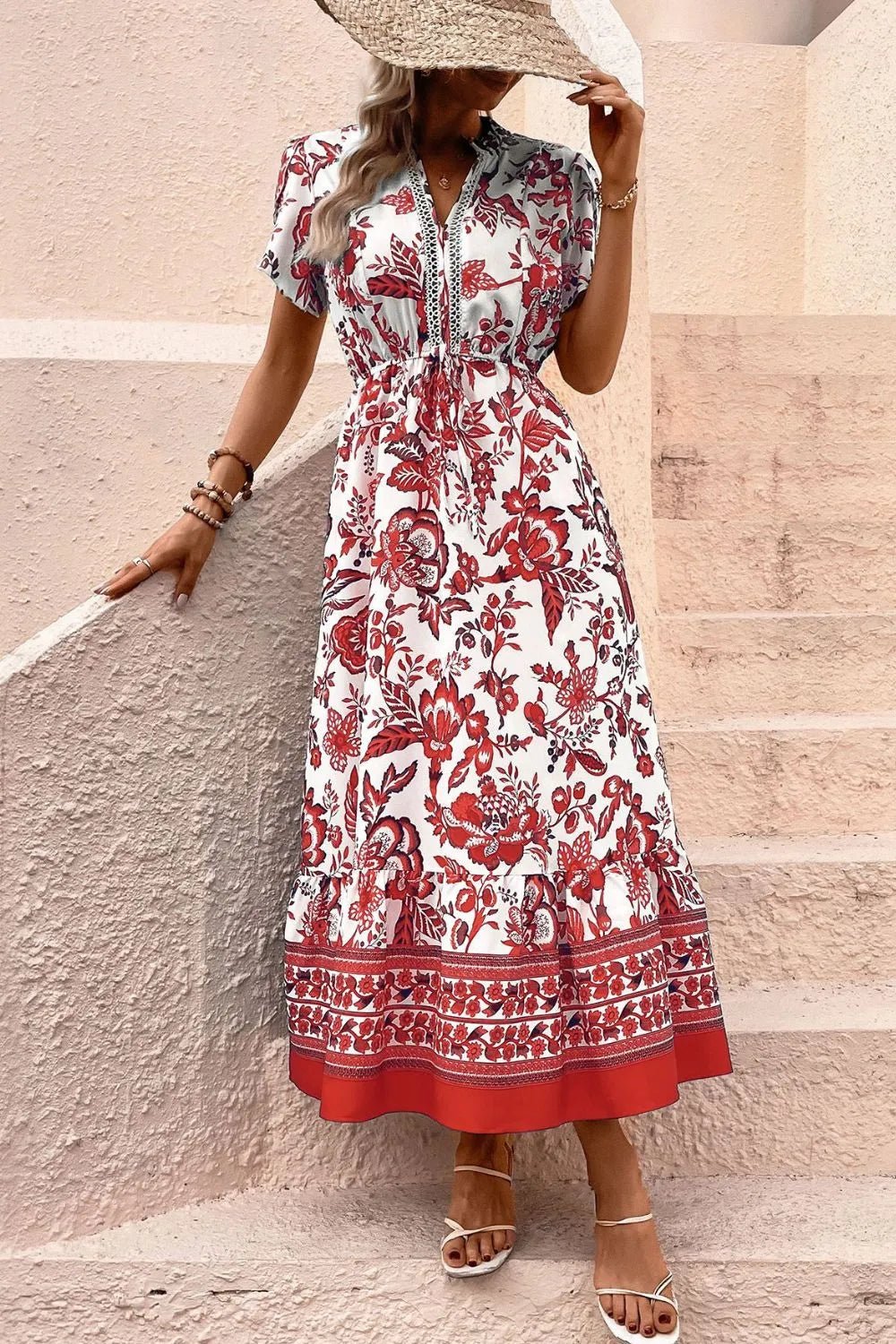 Printed Notched Short Sleeve Dress - adritiX