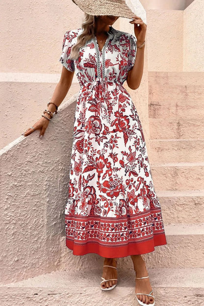 Printed Notched Short Sleeve Dress - adritiX