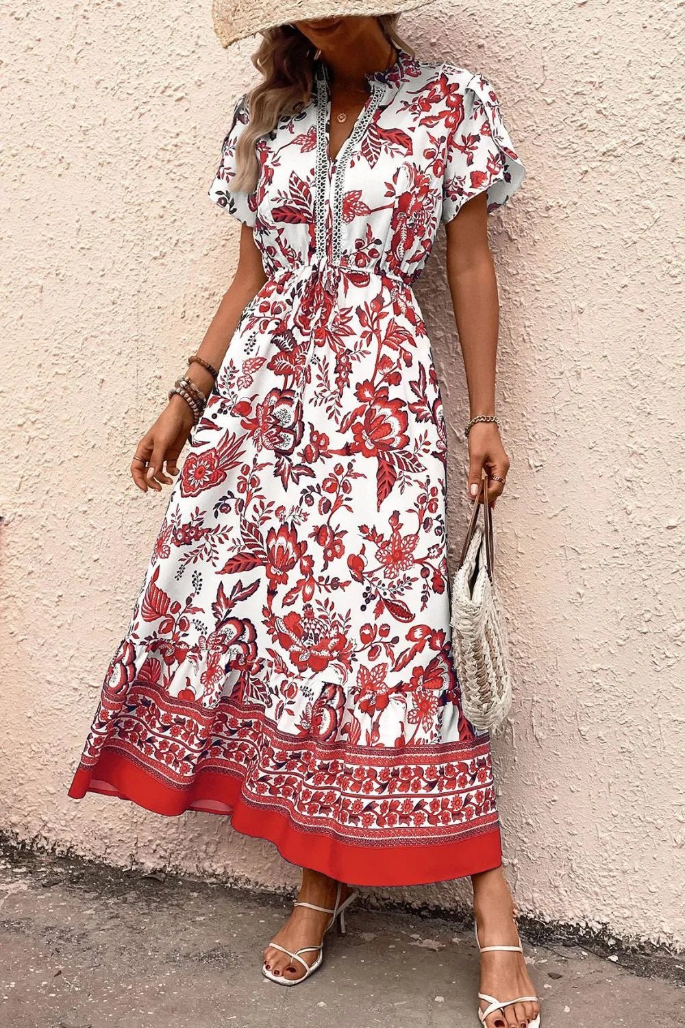 Printed Notched Short Sleeve Dress - adritiX